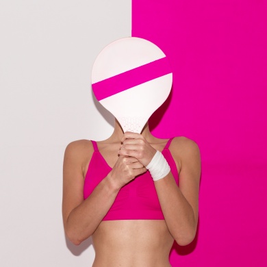 Fitness vibration. Beach badminton. Pop art style. Fashion girl